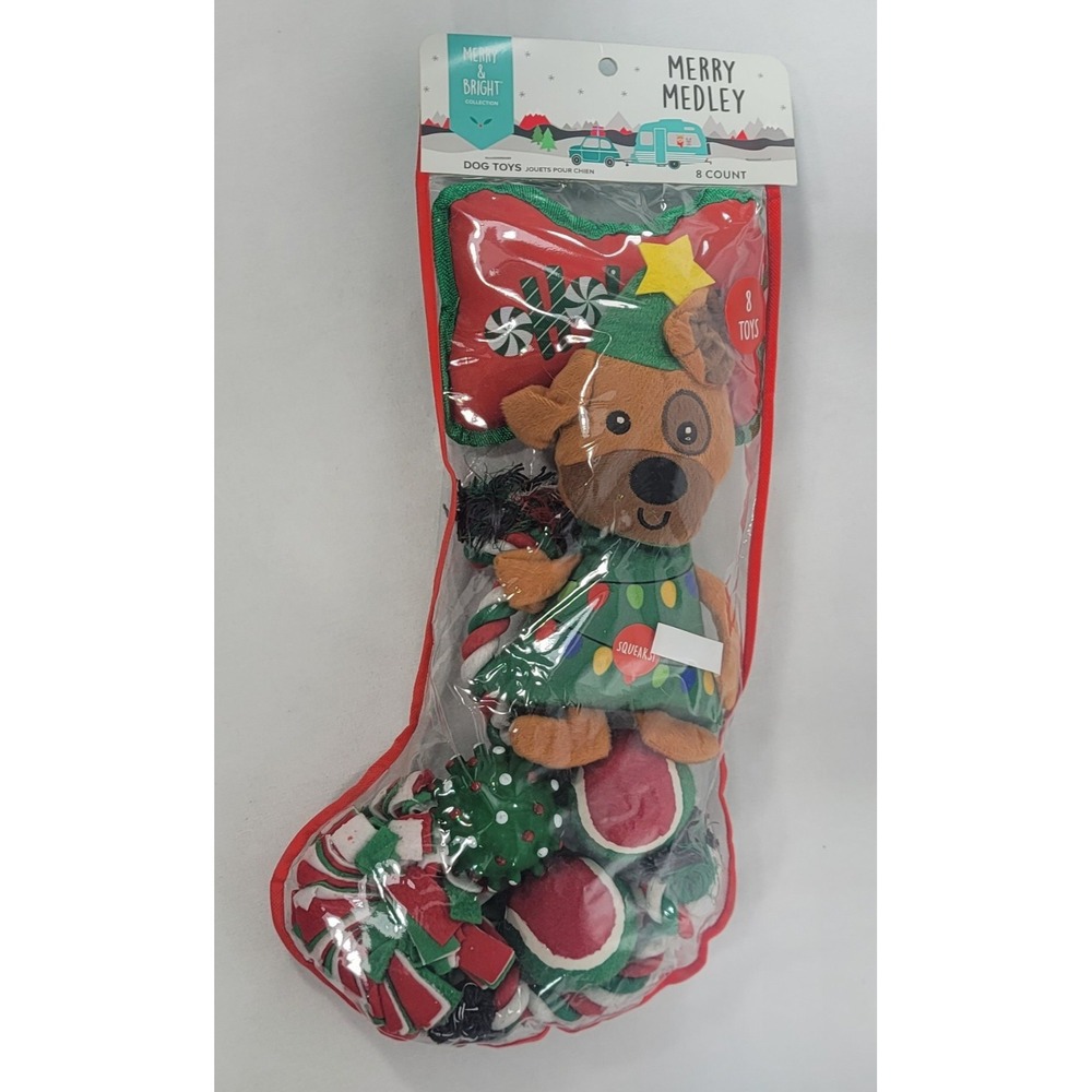 Merry Medley Christmas Stocking For Small/Medium Dogs 8 Toys Squeaks Balls Tugs